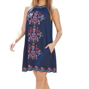 Lula Soul Navy Embroidered Boho Dress with Multicolor Floral Stitching